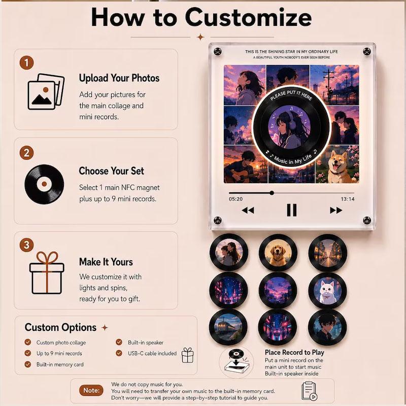 Custom Music Fridge Magnet, Personalized NFC Record Player Magnet Photo Collage Music Box Voice Note Gift