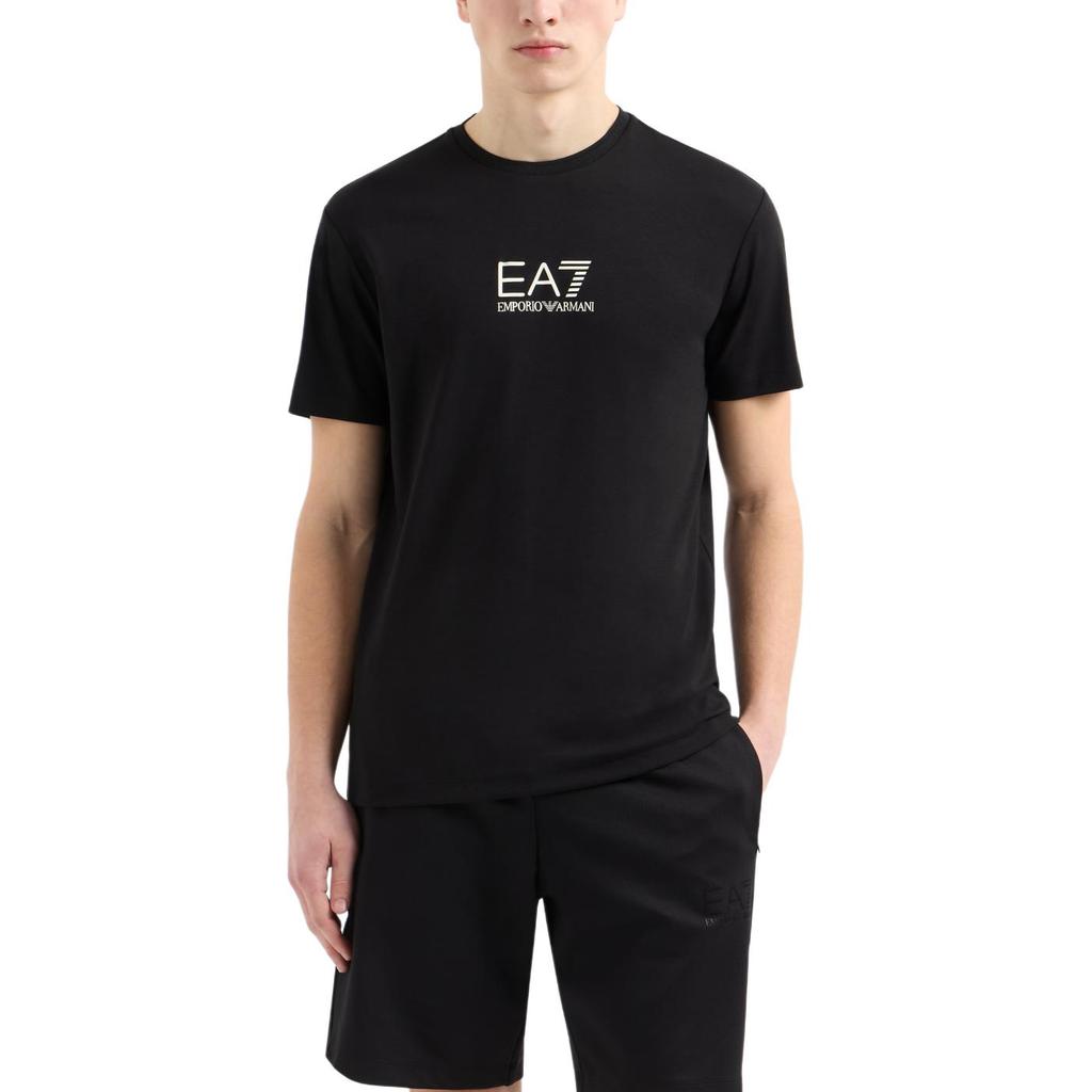 Emporio Armani EA7 Gold Logo Printed Plain Knit Crew Neck Short Sleeve T-Shirt Men Tops Black 7M000301-AF13739-UC001
