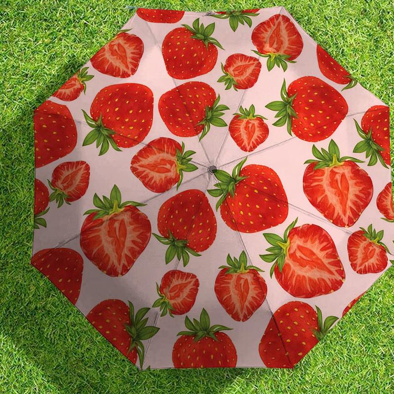 1pc strawberry pattern Automatic Folding Umbrella, Heavy Duty 8 Rib Iron Frame,  Suitable for Travel, Daily Use, Birthday, Decor Gift m0104005