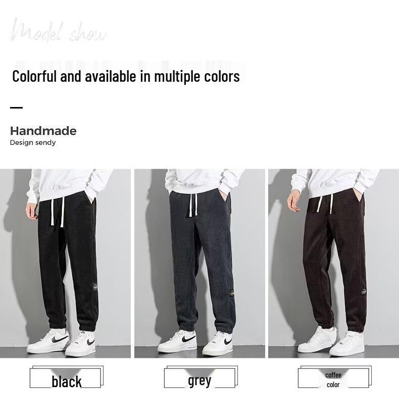 Men's Fleece-Lined Corduroy Joggers: Autumn/Winter Elastic Waist Casual Pants, Korean-Style Trendy and Versatile.