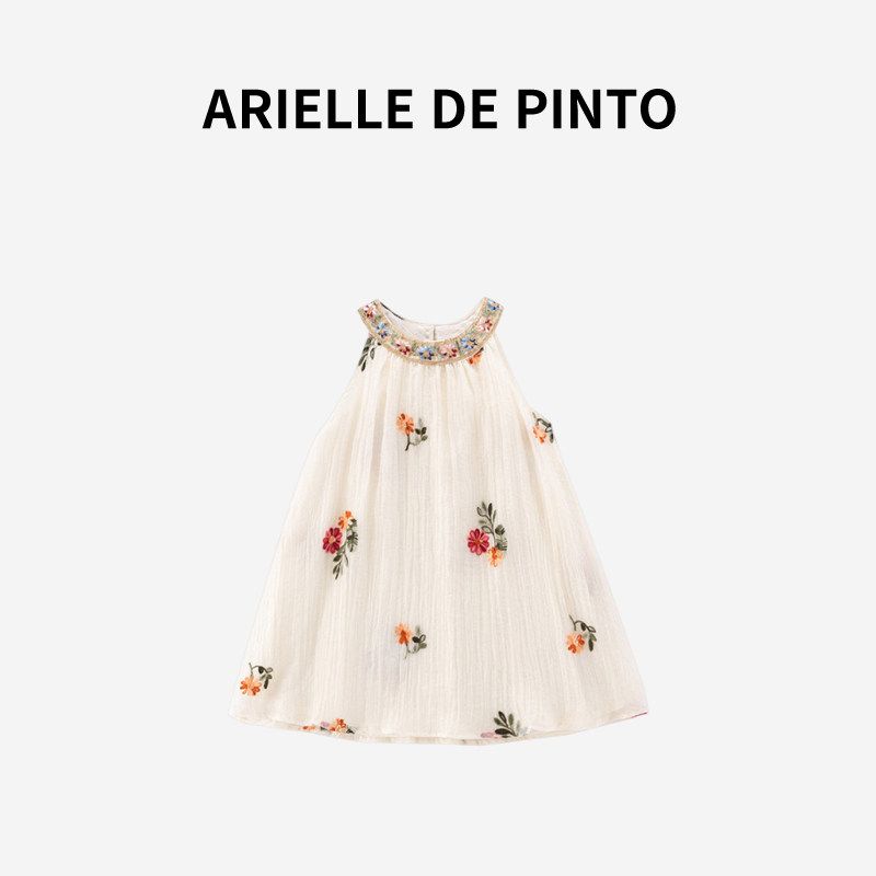 French Arielle De Pinto Girls  Dress Summer New Chiffon Halter-Style Ethnic Style Sundress Embroidered Floral Beach Dress 90