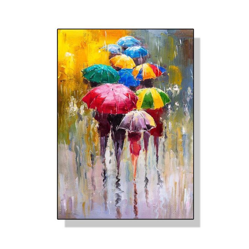 Abstract colourful umbrella landscape in the rain canvas painting oil wall of art for the modern living room home decor cuadros