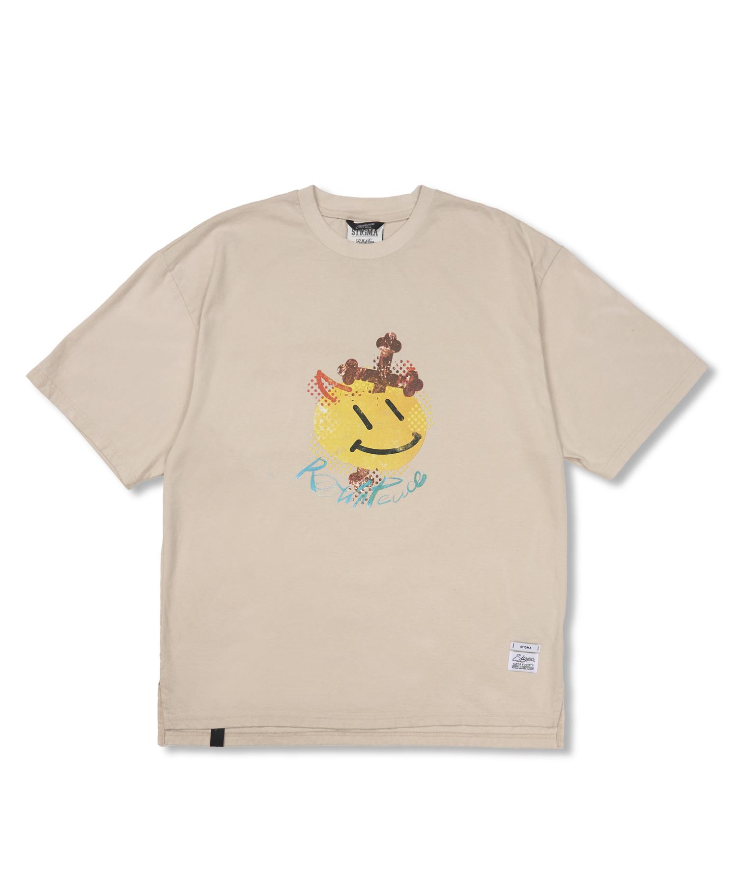 Stigma Cross Smile Vintage-Like Washed Oversized Short Sleeves T-Shirts Beige Beige/L