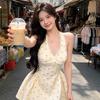 Floral Neck Dress Women's Spring and Summer Sweet Babes Sexy Waist Thin a Word Trendy New French Pure Desire