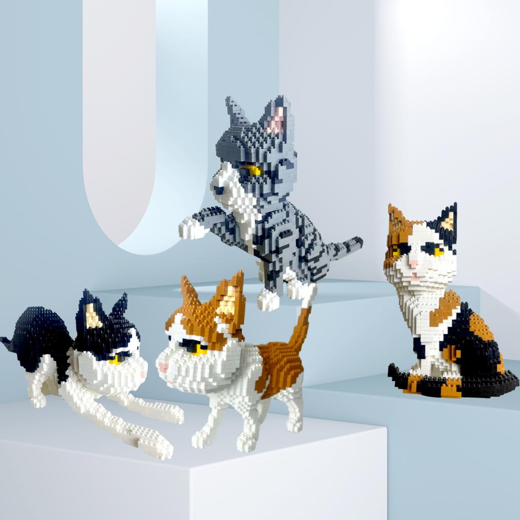 Variety of Pet Cat Models Building Blocks Toy:Captivating Cat Expressions, Fun Orange & Cow Patterns, Kid-Friendly, Unique Gift