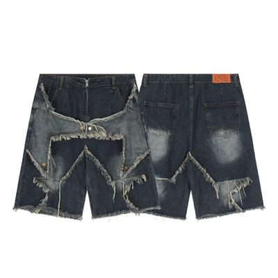 Shorts Vaqueros Vintage con Borlas y Estrellas Splicing Sueltos Jeans Shorts Hombres Hip Hop Streetwear Harajuku Y2K Shorts Verano