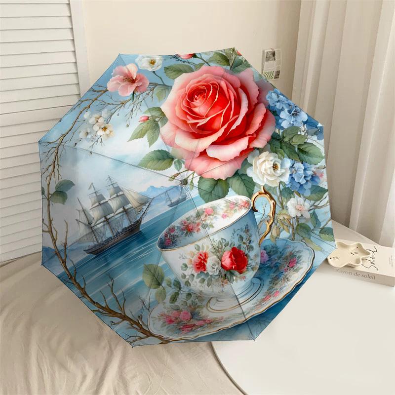 

1PC Teacup Floral Umbrella-8-Rib Reinforced, Automatic Open, Lightweight & Durable, Cute Fashion Accessory for Outdoor-P2622