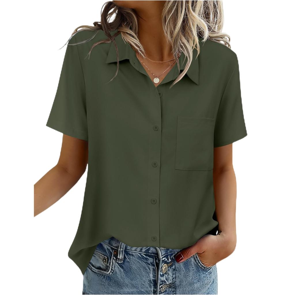 Blusas Femininas Manga Curta Camisas de Botão Casuais de Negócios Elegantes Tops de Trabalho Roupas de Verão Primavera