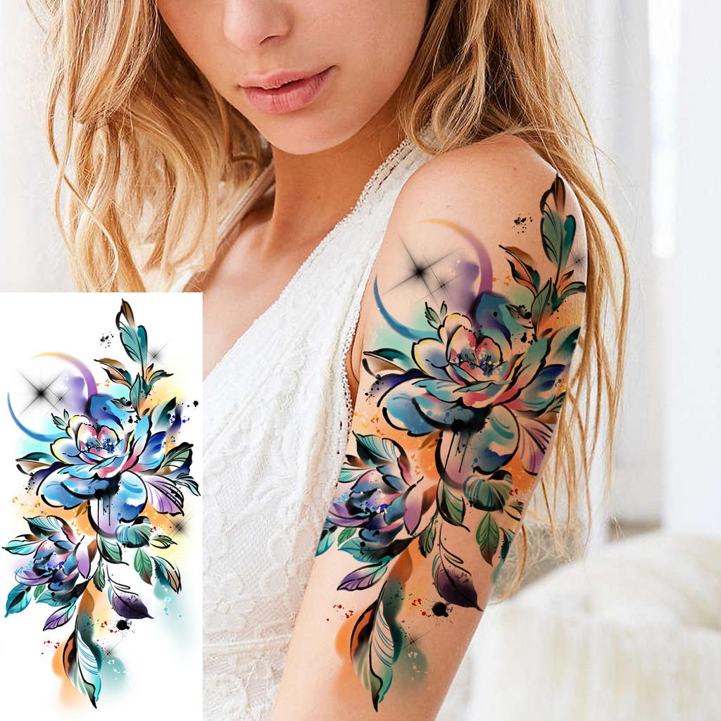 1 Sheet Black Flower Temporary Tattoos For Women Girls Realistic Fake Flora Floral Peony Tattoo Sticker Body Art Painting Decal
