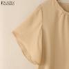 ZANZEA Kobiety Casualowy Okrągły Dekolt Letni Krótki Rękaw Gładka Bluzka