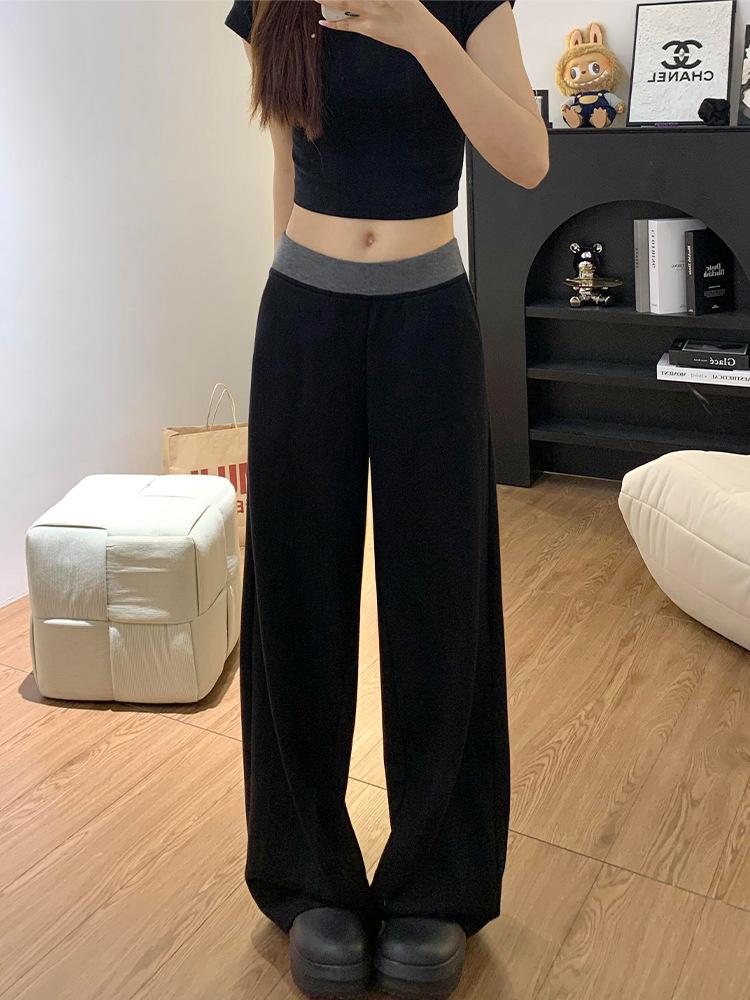 Women's Plus Size Fleece-Lined Black Patchwork Casual Wide-Leg Sweatpants for Autumn/Winter