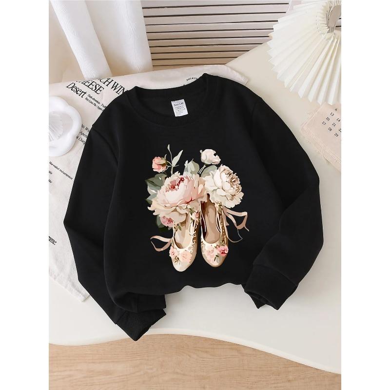 European Sizes Kids' Crewneck Sweatshirt - Floral Embroidered Ballet Shoes Pattern , Sportswear And Casual Wear, Soft And Comfortable