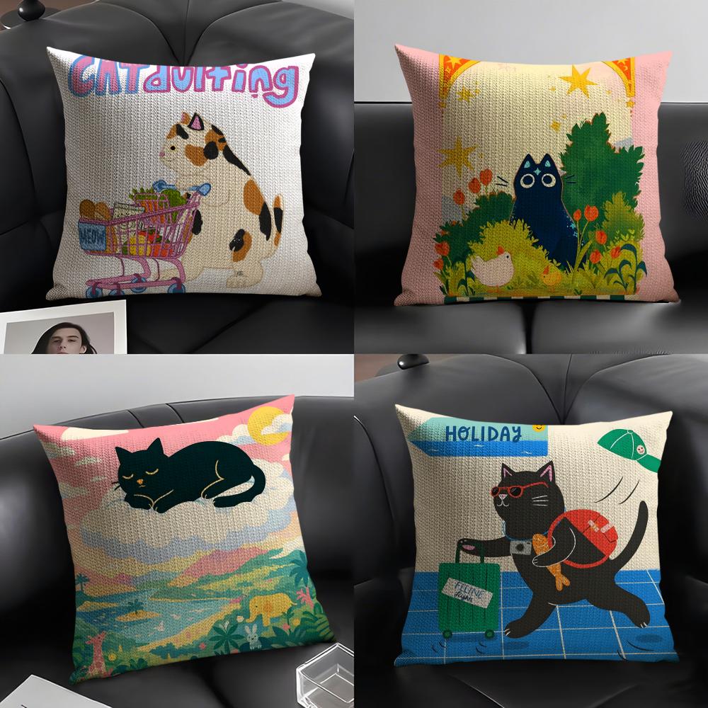 Cute Cat Illustrations Pillow Case Home Living Room Decoration Linen Pillowcover Pillow Cases Cushion Cover