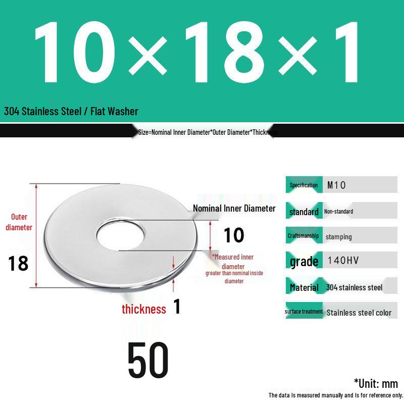 304 Stainless Steel Thickened Flat Washer Set, Sizes 2-36