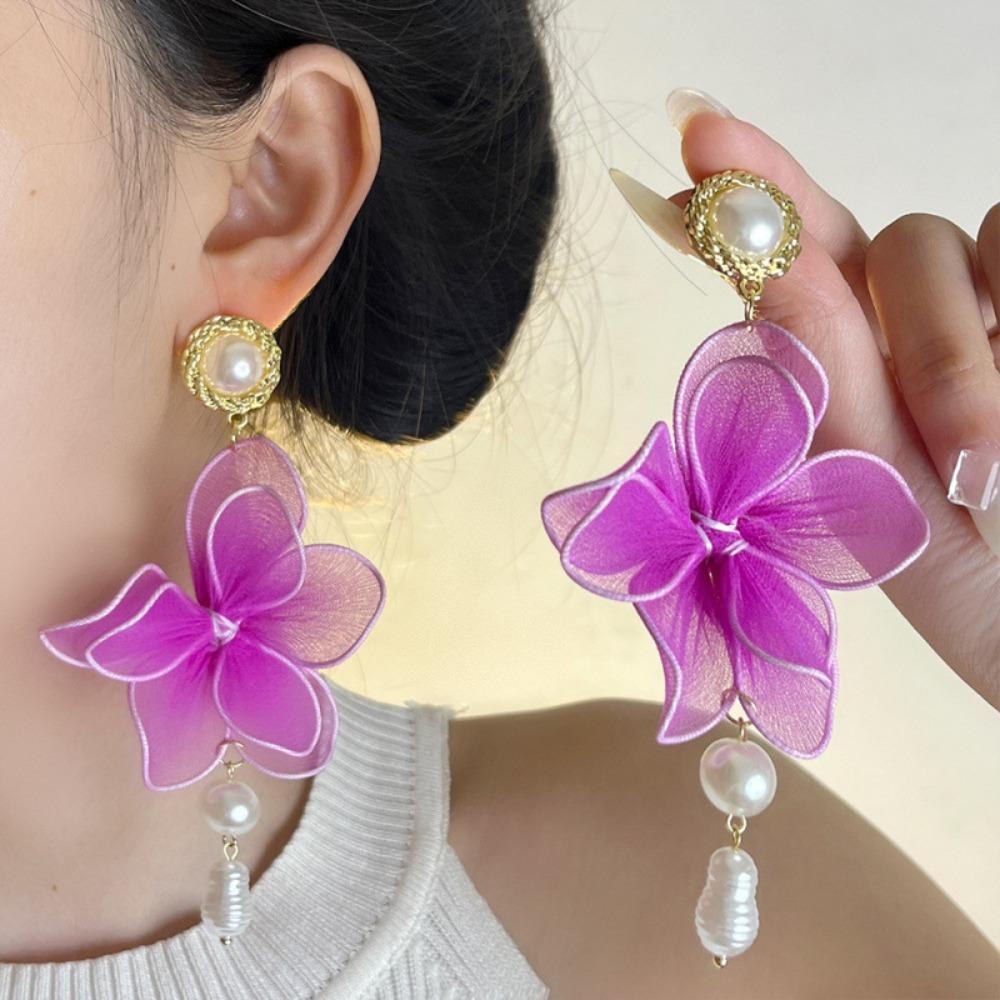 Sweet Mesh Flower Dangle Earrings Exaggerated Petals Stud Earrings Romantic Beach Earrings  Gifts