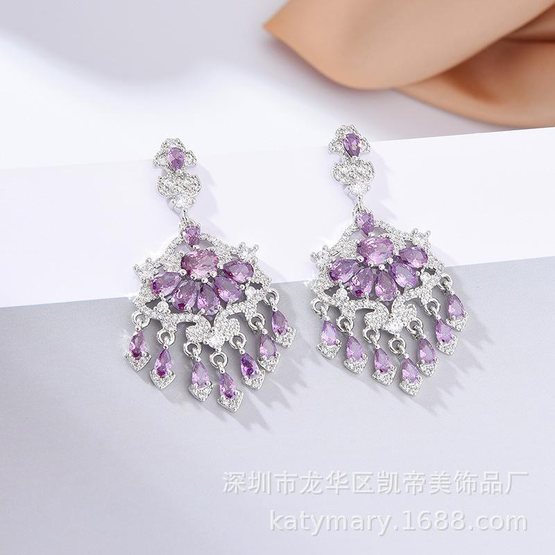 Guofeng Schwerindustrie Hochzeit Nadelohrringe Leicht Eingelegter Zirkon Holzkohle Wassertropfen Ohrringe Temperament Ohrringe