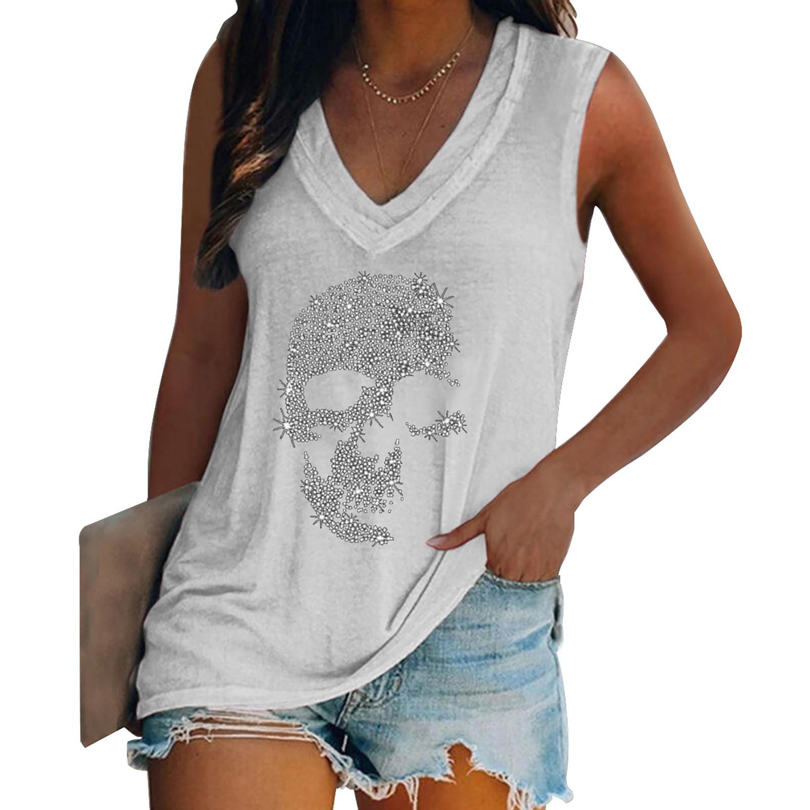 

Women s Fashion V-neck Pullover Sleeveless Casual T-shirt With Iron- Diamonds XXXXL білий