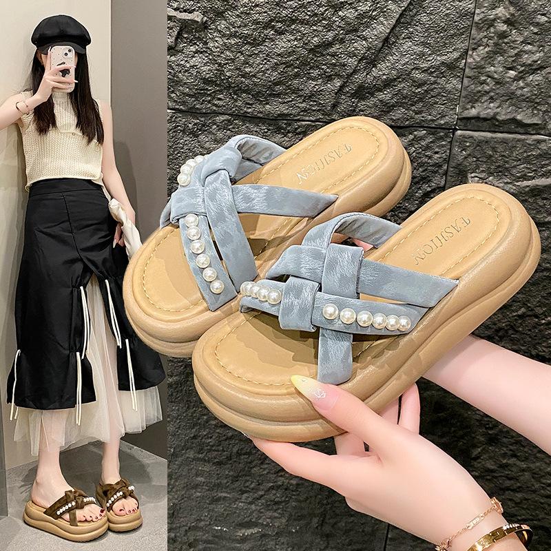 Pearl National Style Fairy Wind Cool Slippers Female 2025 Summer New with Skirt Sandals Thick-bottomed Beach One-word Slippers