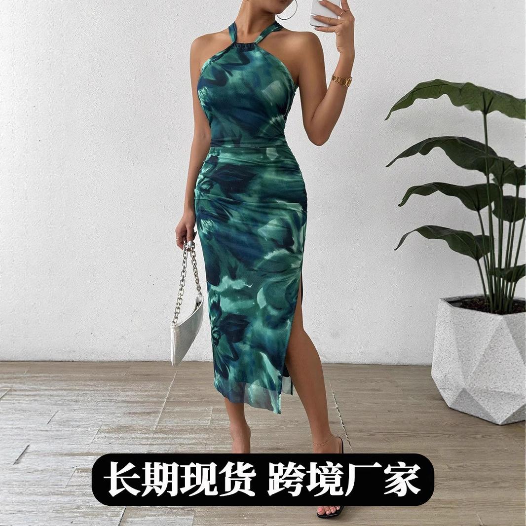 Women Halter Neck Tie Dye Print Ruched Split Bodycon Midi Dress S зелёный