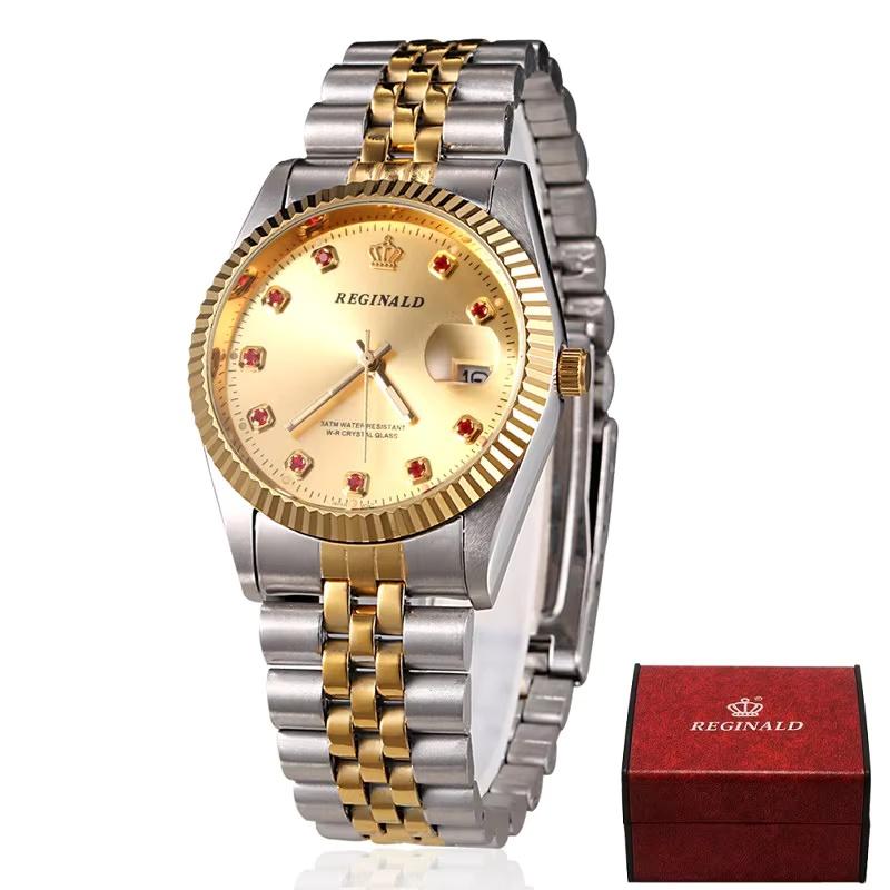 REGINALD Brand Mens Dress Style Business Watch Steel Wristband Golden Men Quartz Watch Valentine's Day Present For Man
