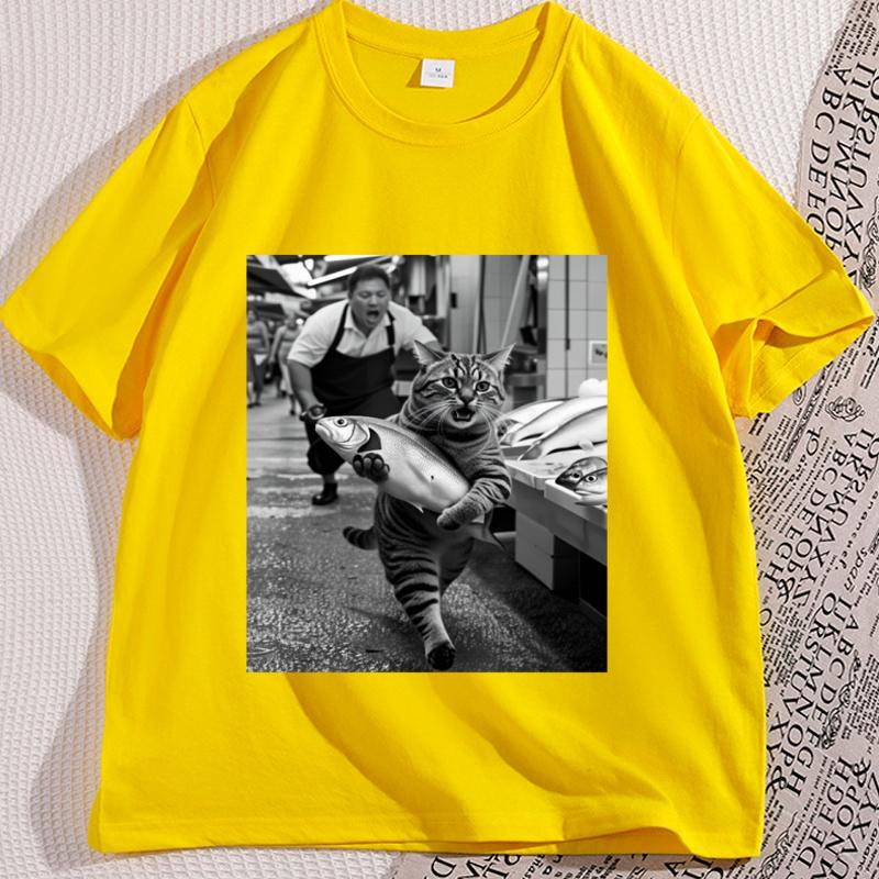 Funny Cat Stealing Fish T Shirt Men Cotton Round Neck Short Seeve Tees Loose Casual Comfortable Round Neck Short Sleeve Tops