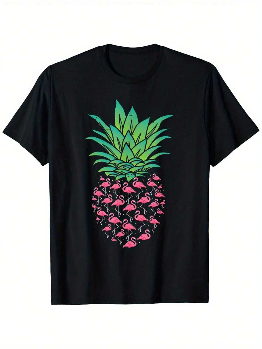 Exotic Bird Pineapple Flamingo Lover Printed T-Shirt, Men s Printed T-Shirt 220g, 100% Cotton, Round S разноцветный