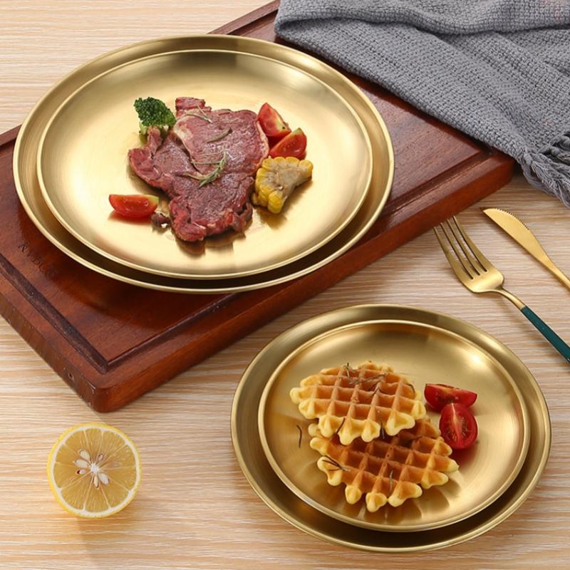 4pcs Large Round Stainless Steel Dinner Plates Fruit Tray- Heavy-Duty Golden Serving Plates Suitable for Weddings, Buffets