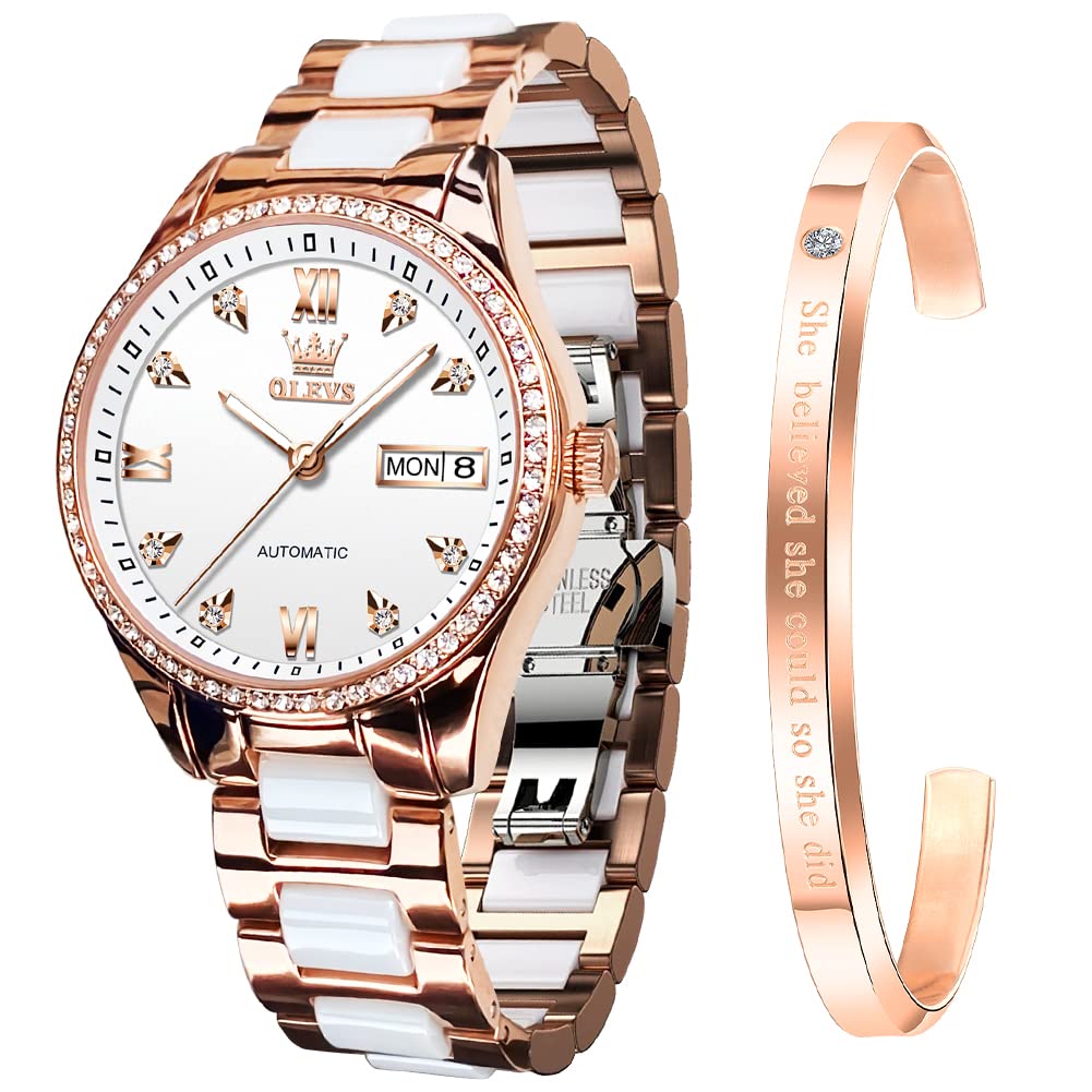 OLEVS Popular and Waterproof Mechanical Watch with Date Luminous and Ceramic White Women's Wristwatch, Stylish, Display, Dial, Bracelet,