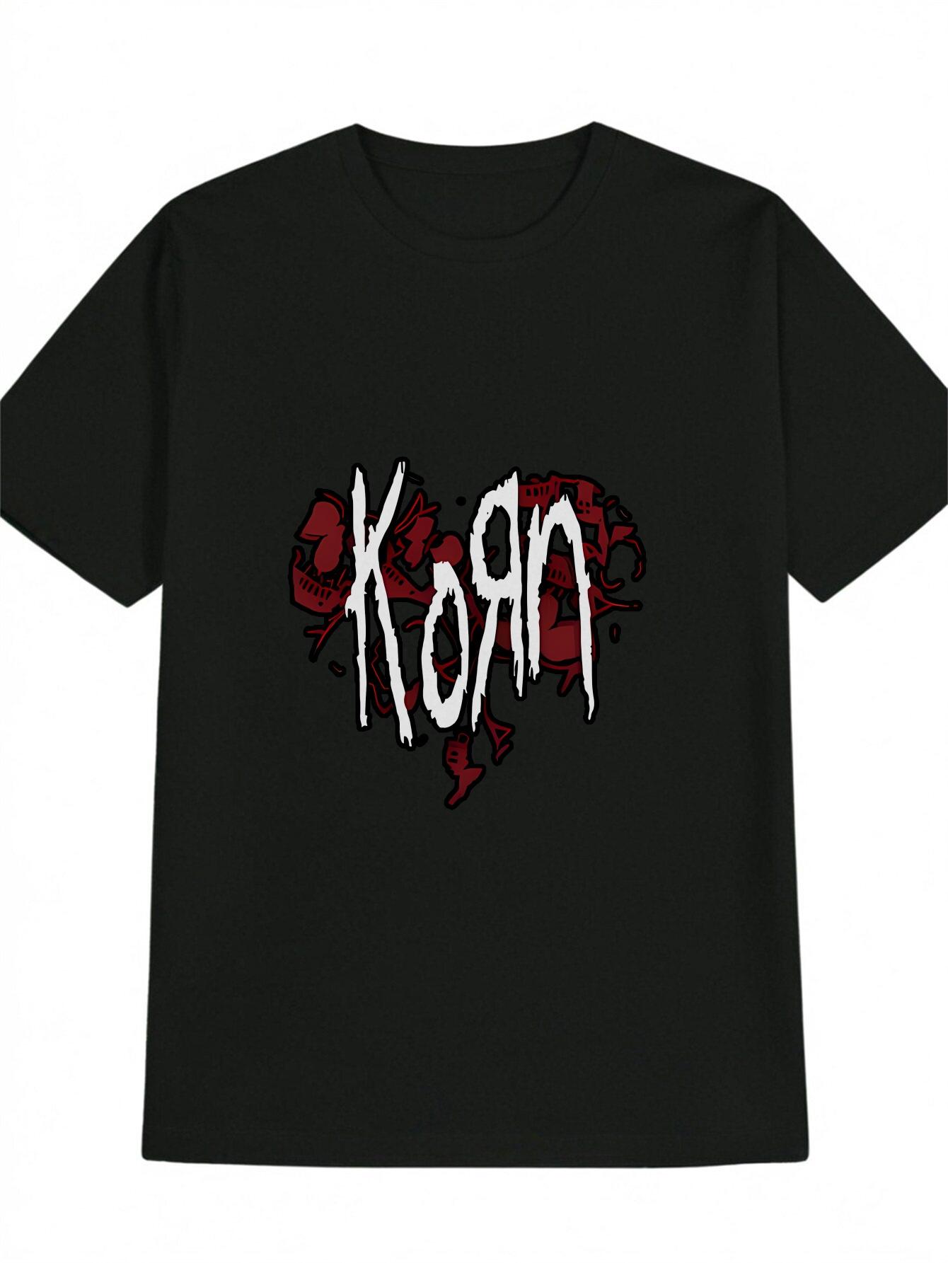 Casual Versatile Round-Neck T-shirt Featuring a Red KORN Skull Print M