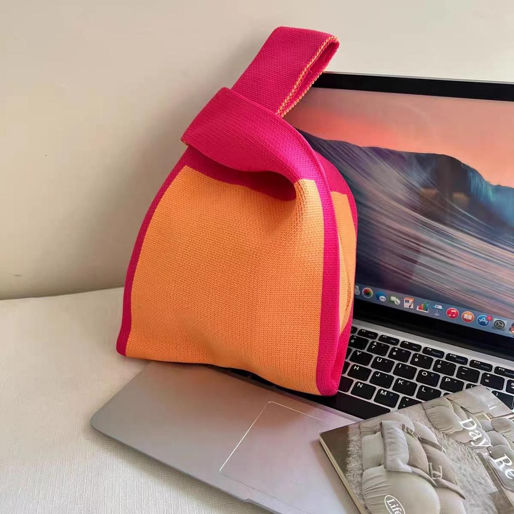 Women's Knot Wrist Bag Handmade Knitted Bag Portable Mini Striped Tote Bucket Phone Bags Large Capacity Autumn Winter Handbags