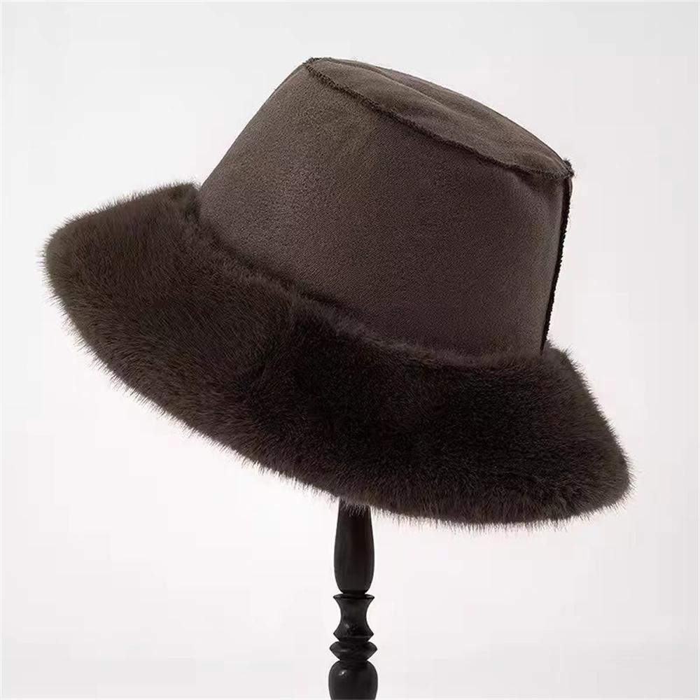 WHITE Faux Fur Fisherman Hats Antumn Winter Thickened Warm Bucket Hat Lady Outdoor Soft Snow Fur Cap Solid Wide Brim Caps