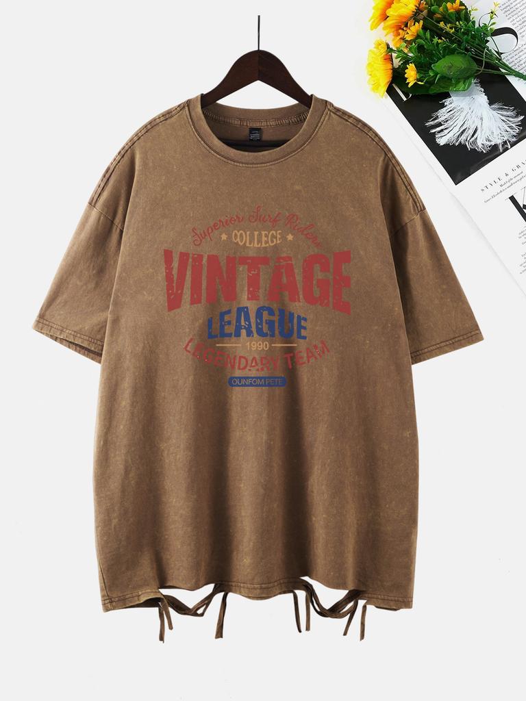 Vintage League Letter Prints Washed TShirts Women Cottontops Comfortable ONeck Oversize T Shirts Fashion Womans Streetwear