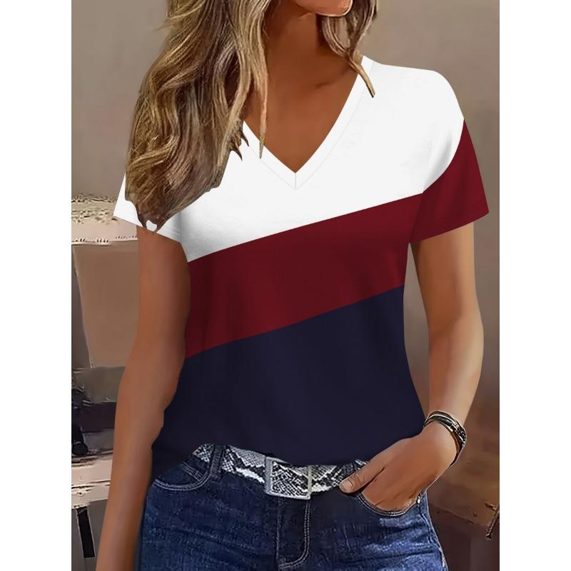 Drawing Red, White, and Blue Geometric Color Blocks for Casual and Fashionable Short Sleeved Women XL