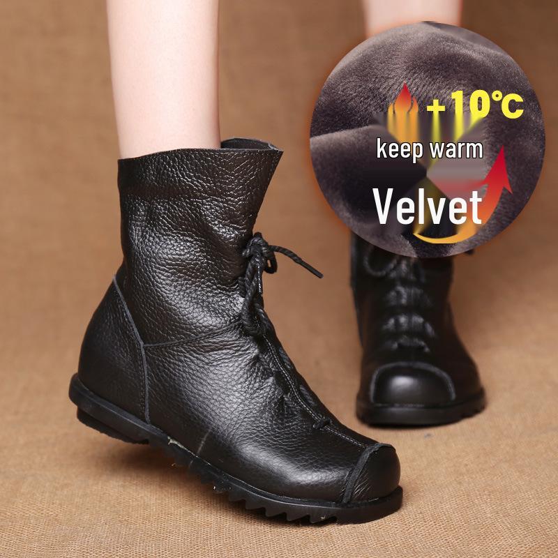 Original Genuine Leather Low Heel Ankle Boots - Retro Style for Autumn/Winter Women's Fashion