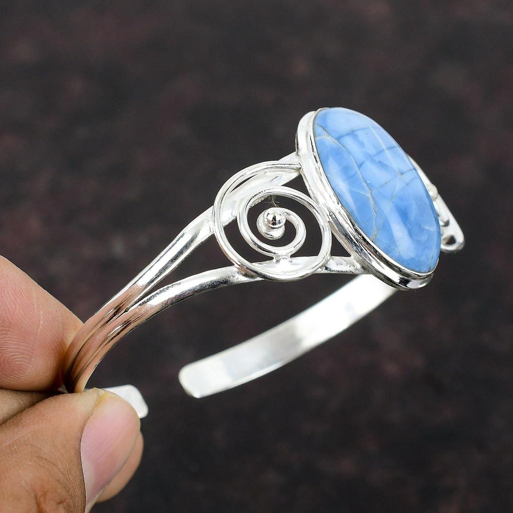 Owyhee Blue Opal Gemstone Bangle 925 Sterling Silver Bangle Handmade Adjustable Cuff Bracelet Latest Design Bangle Silver Jewelry For Gifts