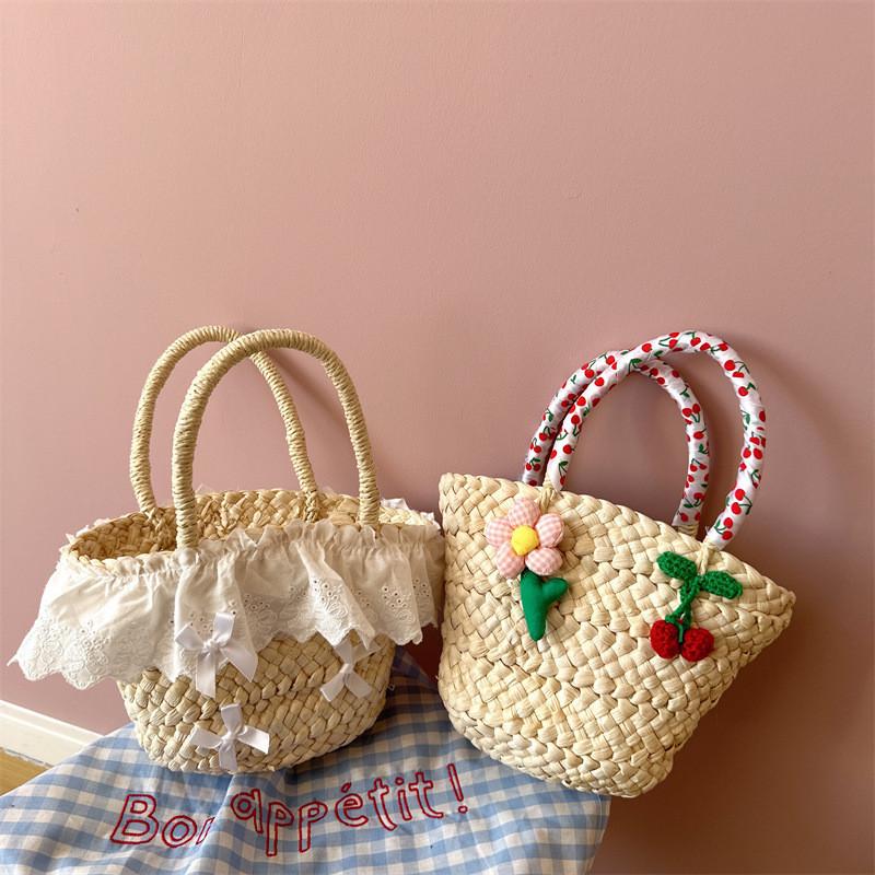 Stylish Unisex Kids Woven Bucket Bag In White Lace With Playful Cherry Print