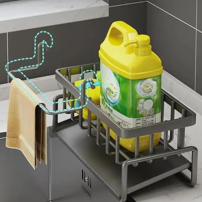 Kitchen Space Aluminum Sink Drain Rack Sponge Storage Faucet Holder Soap Drainer Shelf Basket Organizer Bathroom Accessories