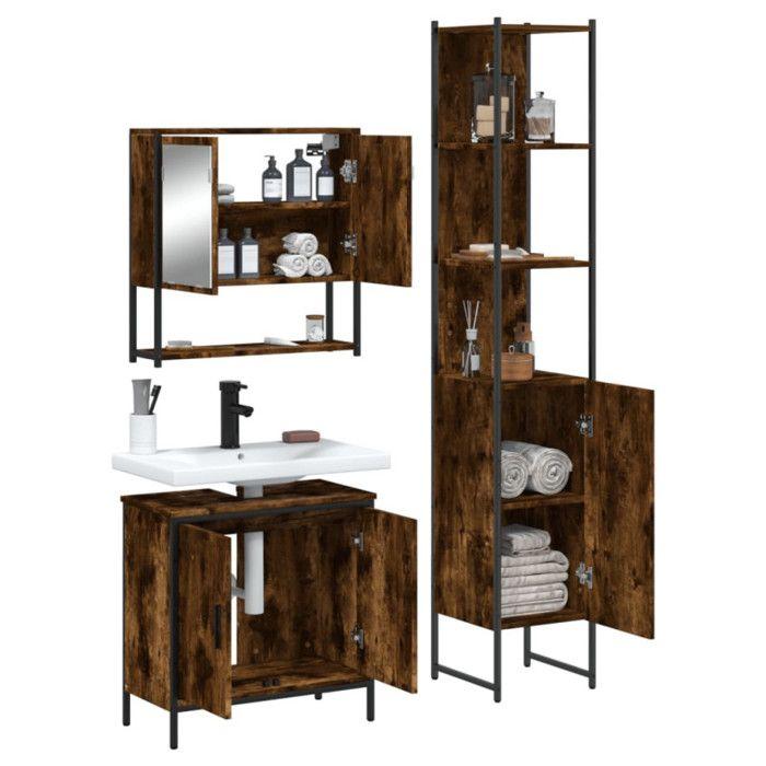 Bathroom Furniture Set - VIDAXL - Smoked Oak - 3 Pieces - Contemporary Design - Spacious Storage