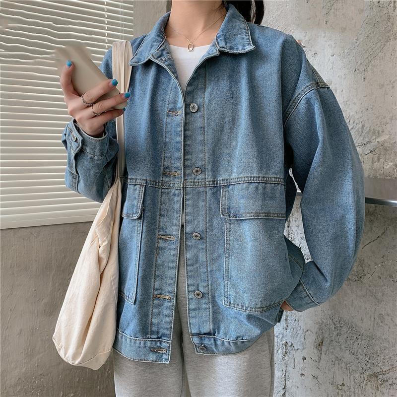 Women's Spring and Fall Short Section Loose Denim Jacket Long-sleeved Casual Button Tops