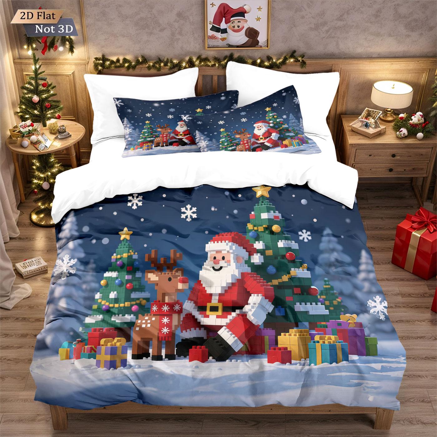 

3pcs building block cartoon Santa Claus print coreless duvet cover set, multi size bedroom, holiday bedding, holiday decoration 135x200cm-EU-Single&set