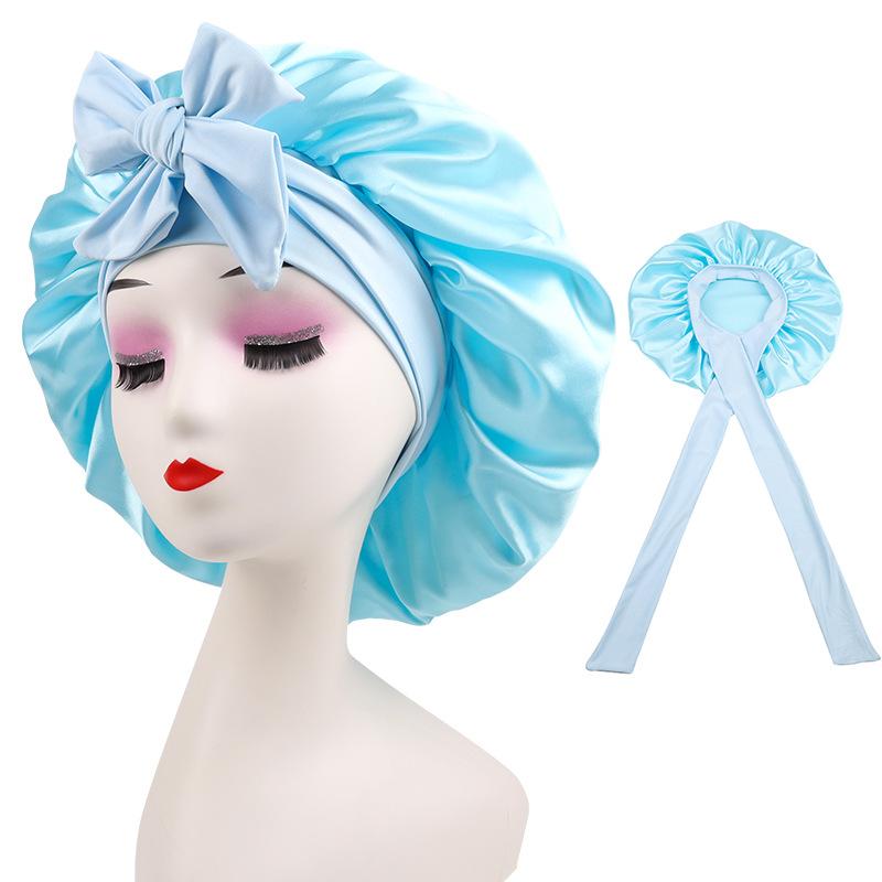 Satin Shower Cap For Women Waterproof Silk Bonnet With Elastic Band Bath Cap For Long Hair Shower Hair Cover Accessories