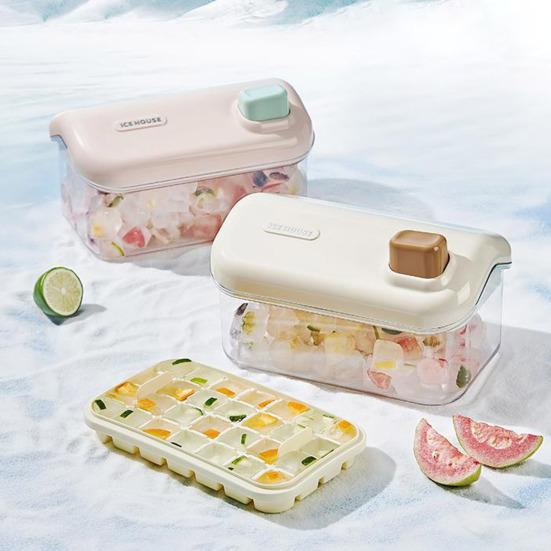 Double-Layer Ice Cube Tray with Lid One-Touch Release Silicone Ice Mold for Cocktails BPA-Free Plastic Freezer Box with Scoop