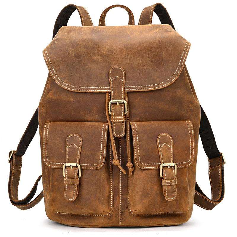Leather Backpack Large Capacity Men'S Retro Mad Horse Leather Travel Bag Student Schoolbag Can Hold 15 Inch Backpack