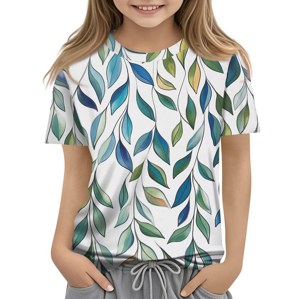 Summer Round Neck 3D Floral Printed Top Fashionable Casual Short Sleeved Children's Girl T-shirts