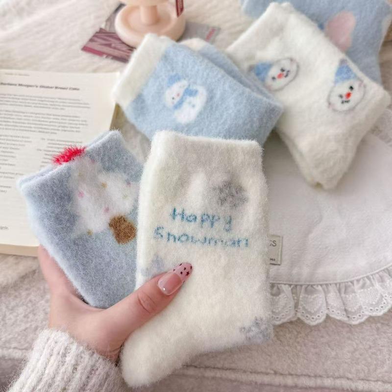Australische Wollsocken für Damenwinter, Verdickte und warme Wadenlange Socken, Niedliche Cartoon-Schneemann-Schlafsocken, Hausbodensocken