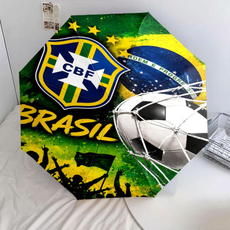 1 PC Automatic Folding Umbrella - Brazil National Football Team Pattern, Portable & Foldable Design with 8 Ribs, Christmas Birthday Gifts