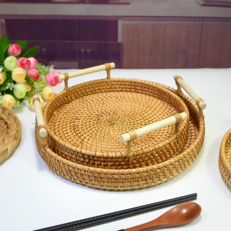 Dinner Serving Tray Breakfast Bread Food Plate Handwoven Rattan Storage Tray Round Shape Fruit Cake Wicker Basket With Handle