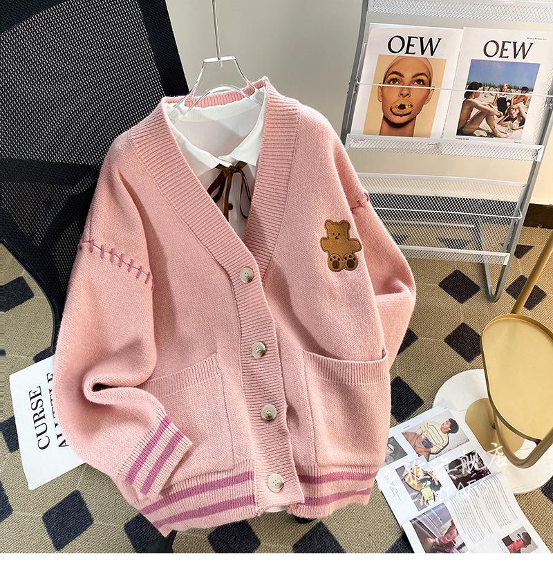 Autumn/Winter 2026 Korean Bear Knit Women's Cardigan - Drawstring, Pockets, Cozy Style.