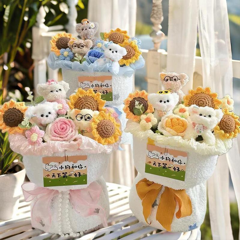 Finished Crocheted Flower Bouquet with Puppy Dog Doll Artifiacal Rose Flower  Knitting Sunflowers Valentine's Day New Year Gifts