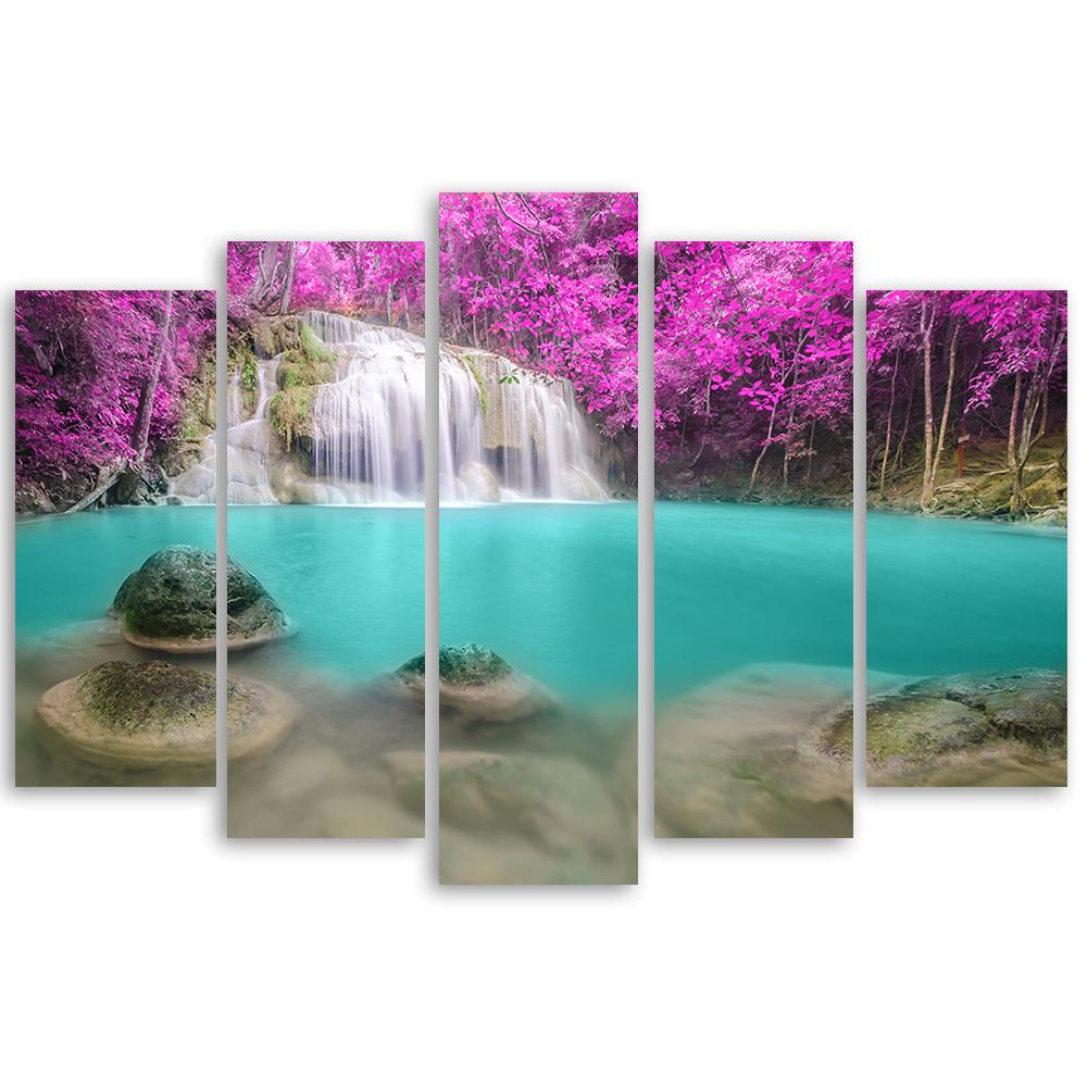 Five Piece Picture Canvas Print Waterfall Lake Landscape